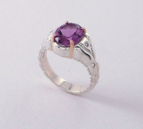 Pansy Violet Amethyst and Diamond Ring in Sterling Silver and Rose Gold