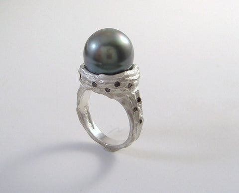 Tahitian Pearl and Black Diamonds in Sterling Ring